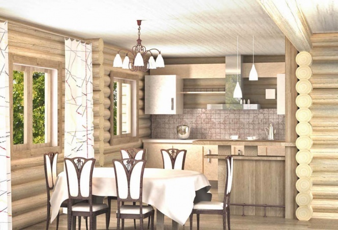 Уютный и интересный интерьер кухни гостиной в деревянном доме гостиная .